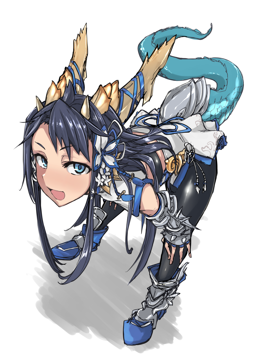 1girl, bent_over, blue_eyes, blue_hair, china_dress, chinese_clothes, dragon_tail, dress