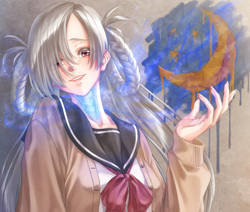 1girl, absurdres, banana_oekaki, blonde_hair, bow, braid, crescent, eyes_visible_through_hair