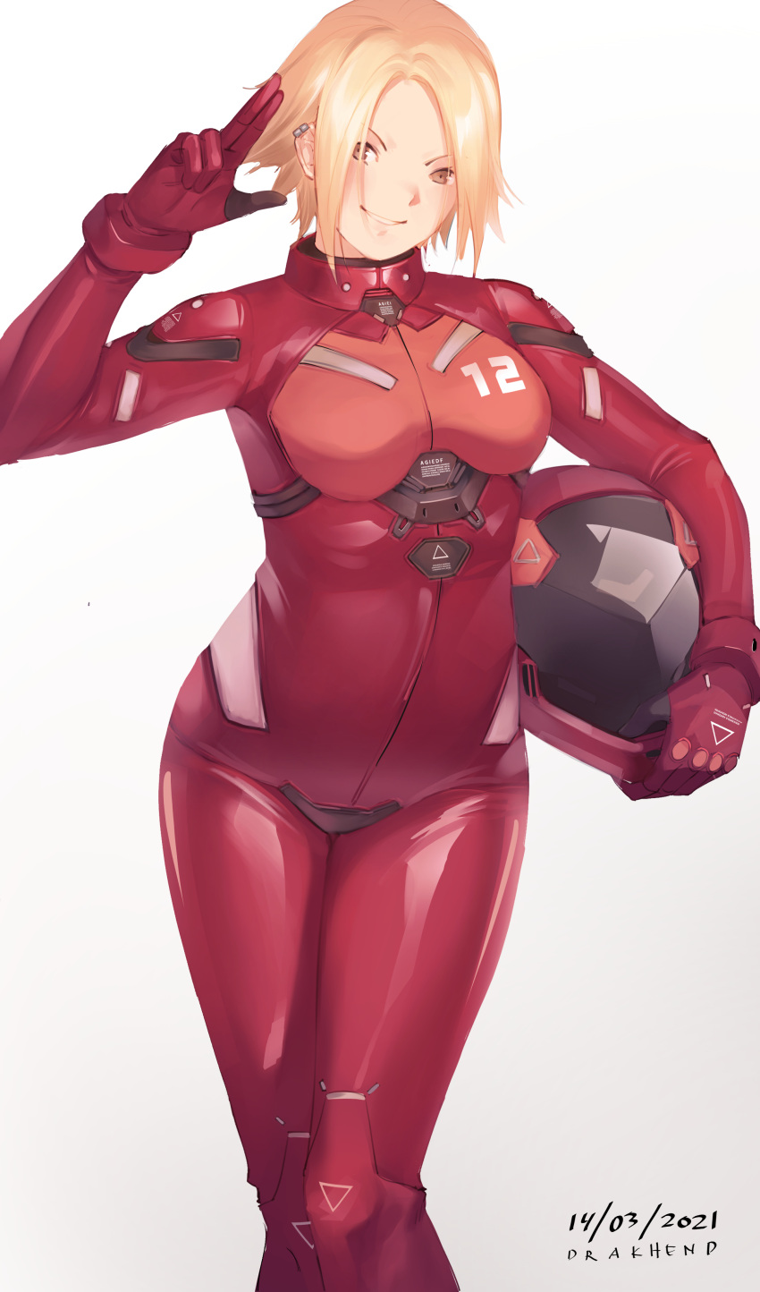 1girl, 30_minutes_missions, absurdres, artist_name, bangs, blonde_hair, bodysuit, breasts, brown_eyes, carrying_under_arm, crotch_plate, dated, drakhend66, ear_piercing, framed_breasts, gradient, gradient_background, grin, hand_up, headwear_removed, helmet, helmet_removed, highres, legs_together, looking_at_viewer, original, parted_bangs, piercing, pilot_suit, red_bodysuit, salute, shiny, shiny_clothes, short_hair, signature, small_breasts, smile, solo, standing, two-finger_salute