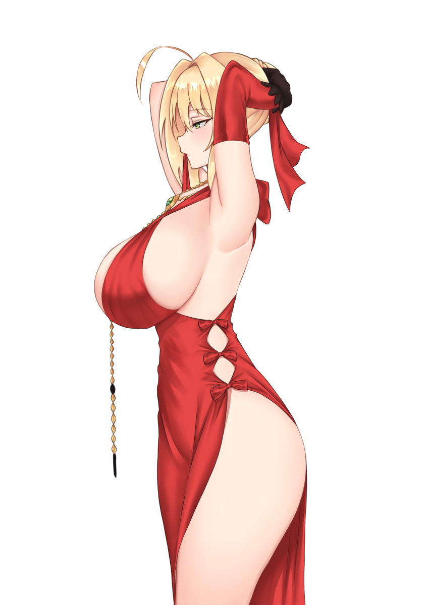 1girl, absurdres, adjusting_hair, ahoge, blonde_hair, blush, breasts, chain