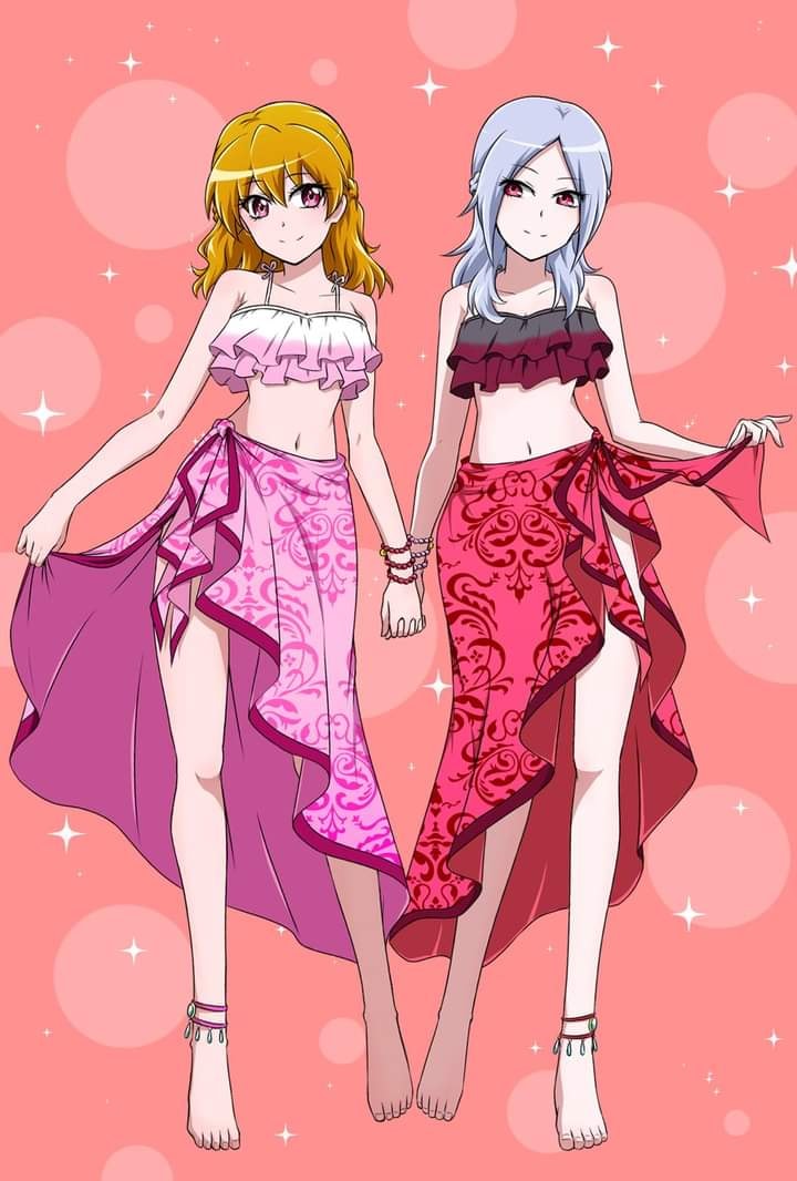 2girls, belly_button, bikini, bikini_top, bra, eas, fresh_precure!, higashi_setsuna, mahou_girls_precure!, momozono_love, multiple_girls, navel, niita, pareo, pink_sarong, precure, red_sarong, sarong, summer, swimsuit