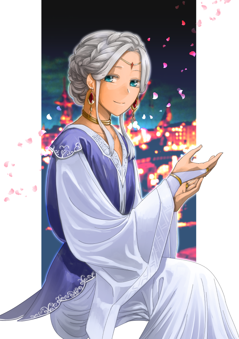1girl, blue_eyes, braid, bridal_gauntlets, cck_(ops), circlet, dark_skin, dark-skinned_female