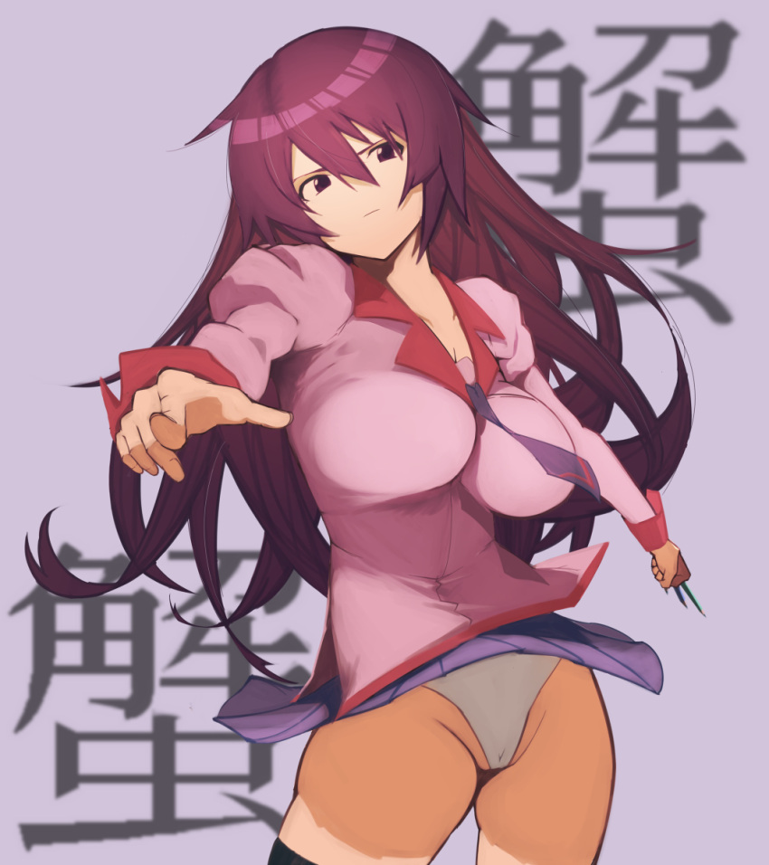 1girl, ass_visible_through_thighs, bakemonogatari, breasts, hair_between_eyes, highres, large_breasts, long_hair, long_sleeves, looking_at_viewer, monogatari_(series), naoetsu_high_school_uniform, panties, puffy_long_sleeves, puffy_sleeves, purple_hair, school_uniform, senjougahara_hitagi, shin_deadball_iwata, solo, thighs, underwear, very_long_hair, violet_eyes, white_panties