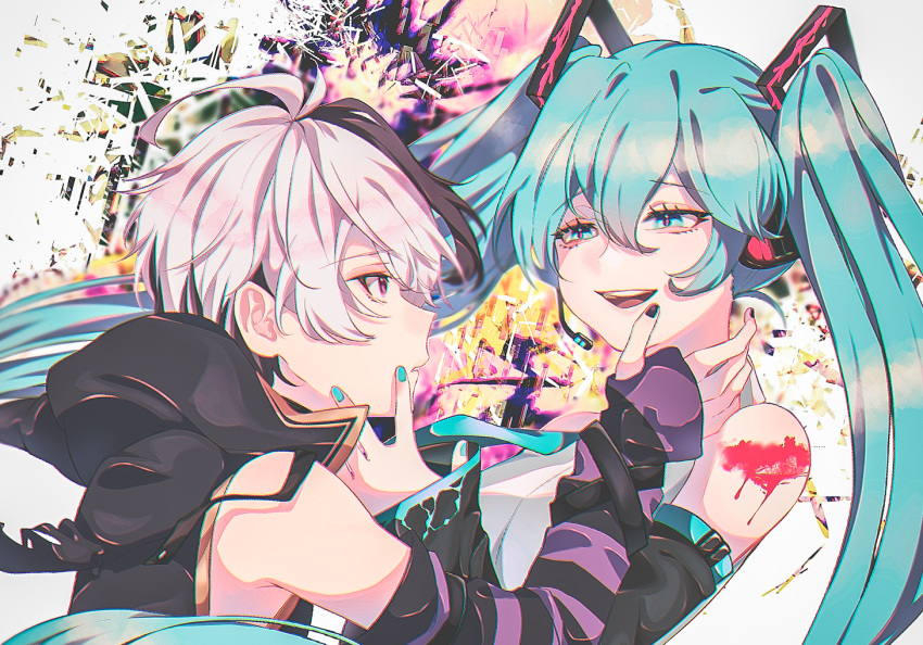 2girls, androgynous, aqua_eyes, aqua_hair, aqua_nails, aqua_neckwear, arm_warmers, bare_shoulders