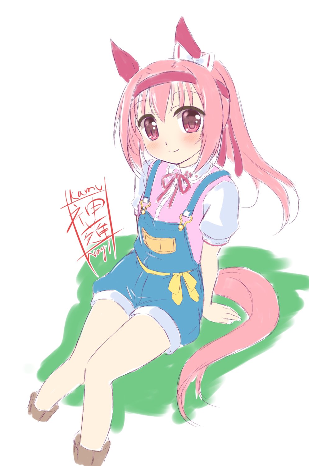 1girl, animal_ears, artist_name, blue_overalls, blue_shorts, boots, bow, brown_footwear