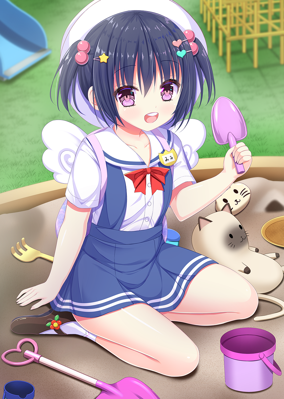 1girl, :d, bangs, black_hair, blue_skirt, blurry, blurry_background, brown_footwear