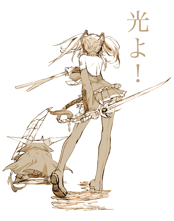 chibi, detached_sleeves, dissidia_final_fantasy, dual_wielding, final_fantasy, final_fantasy_i, garland_(ff1), hatsune_miku