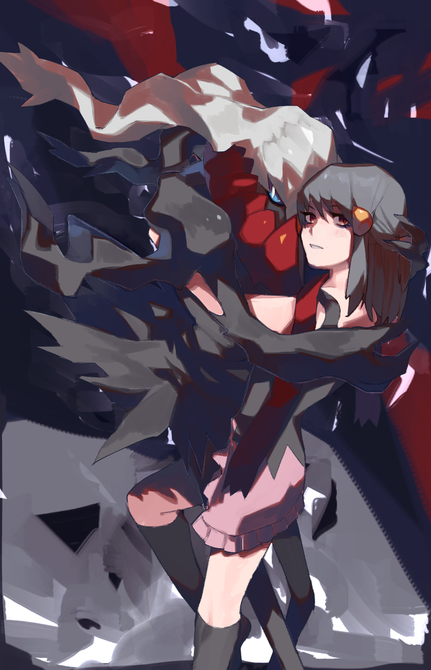 1girl, arm_up, bangs, bare_shoulders, black_legwear, black_shirt, blue_sclera, blush, chikichi, colored_sclera, commentary_request, darkrai, hikari_(pokemon), eyebrows_visible_through_hair, from_behind, gen_4_pokemon, hair_ornament, hairclip, highres, hug, kneehighs, legendary_pokemon, light_blush, long_hair, looking_at_viewer, looking_back, miniskirt, mythical_pokemon, parted_lips, pink_skirt, pokemon, pokemon_(creature), red_eyes, red_scarf, scarf, shirt, sidelocks, skirt, sleeveless, sleeveless_shirt, standing, teeth, v-shaped_eyebrows, white_eyes, white_hair