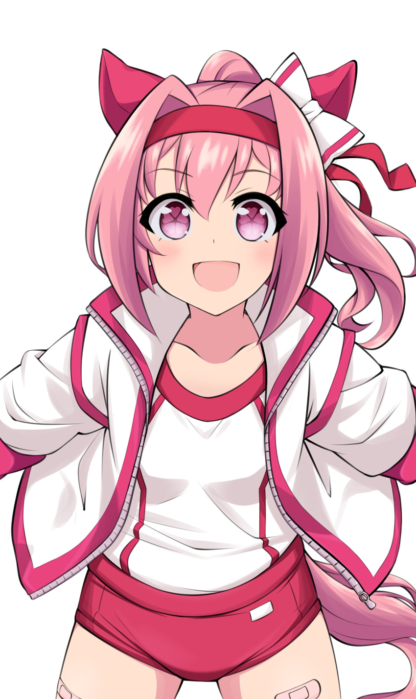 1girl, animal_ears, bandaged_leg, bandages, bandaid, bow, buruma, gym_uniform