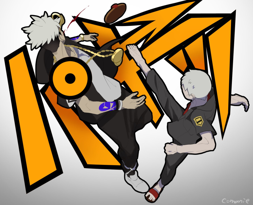 2boys, arm_tattoo, black_hair, black_jacket, black_pants, blood, comanie, commentary_request, eyewear_on_head, flip-flops, grey_hair, guzma_(pokemon), highres, hood, hooded_jacket, jacket, kicking, male_focus, multicolored_hair, multiple_boys, nanu_(pokemon), open_clothes, open_jacket, pants, pokemon, pokemon_(game), pokemon_sm, red_shirt, sandals, shirt, shoe_removed, shoes, short_hair, short_sleeves, sunglasses, tattoo, team_skull, toes, two-tone_hair, undercut, white_footwear, white_hair, yellow-framed_eyewear