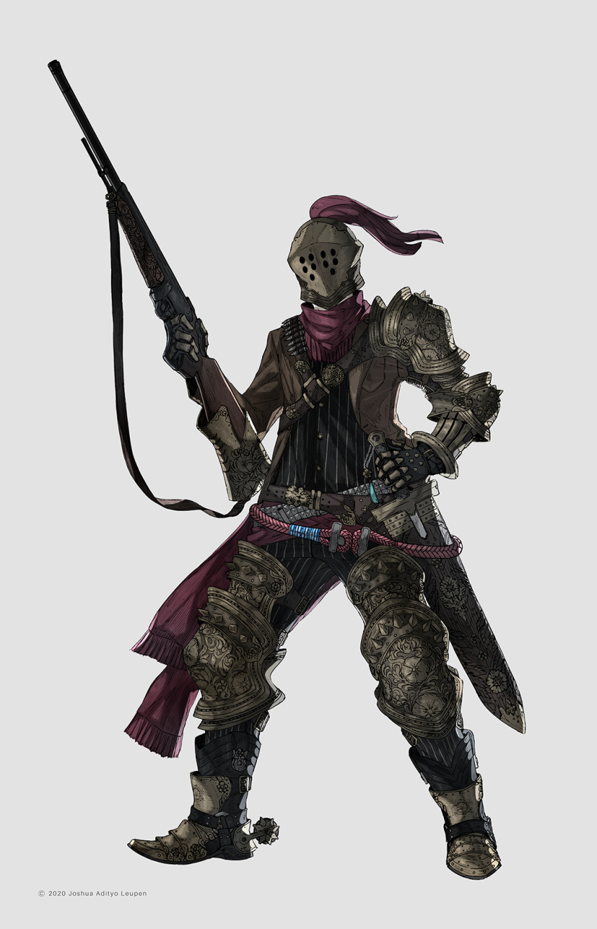 1boy, adapted_costume, arm_armor, armor, armored_boots, belt, black_shirt, black_suit, boots, brown_belt, brown_jacket, commentary, cowboy, cowboy_boots, elbow_pads, english_commentary, facing_viewer, fantasy, full_body, gauntlets, grey_background, gun, helmet, highres, holding, holding_gun, holding_weapon, jacket, joshua_leupen, knee_pads, knight, leg_armor, long_scarf, original, pants, red_scarf, rifle, scarf, sheath, sheathed, shirt, shoulder_armor, simple_background, solo, standing, striped, striped_pants, striped_shirt, sword, vertical_stripes, weapon, western