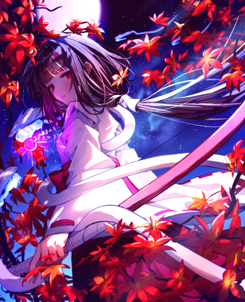 1girl, bangs, black_hair, blunt_bangs, blush, bow_(weapon), facing_away, floating_hair
