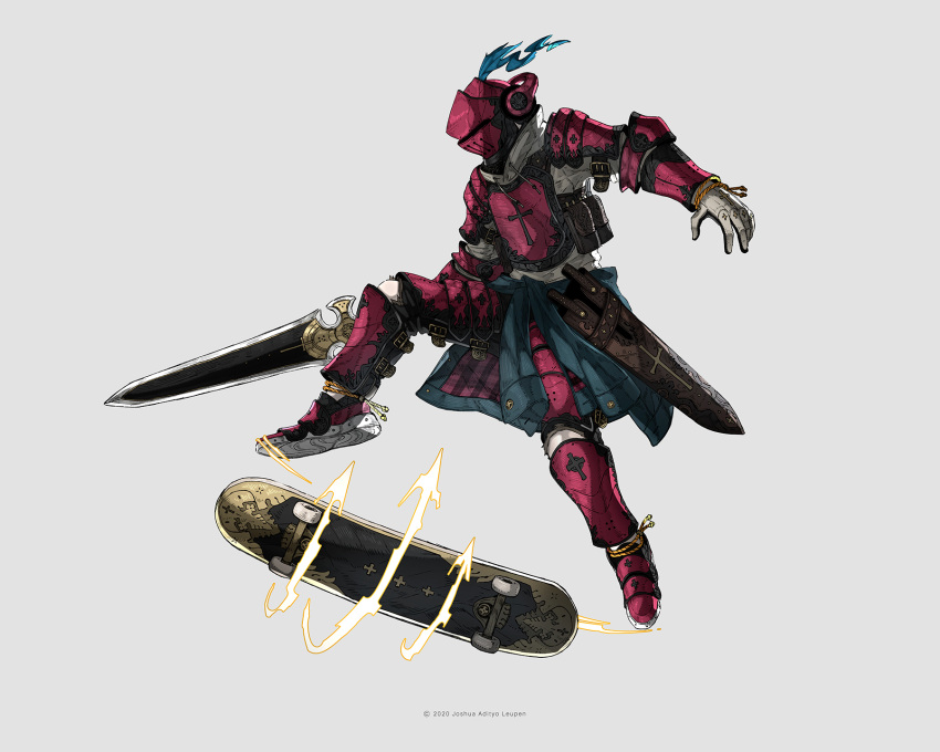 1boy, adapted_costume, arm_armor, armor, blue_jacket, breastplate, clothes_around_waist, commentary, cross, english_commentary, fantasy, full_armor, full_body, gauntlets, helmet, highres, holding, holding_sword, holding_weapon, hood, hood_down, jacket, jacket_around_waist, joshua_leupen, jumping, knight, leg_armor, original, pouch, sheath, skateboard, solo, sword, weapon