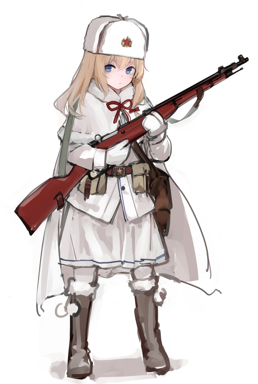 1girl, absurdres, bangs, belt, belt_buckle, blonde_hair, blue_eyes, bolt_action, boots, bow, brown_bag, brown_belt, brown_footwear, buckle, cape, closed_mouth, coat, full_body, fur-trimmed_coat, fur_hat, fur_trim, girls_frontline, gloves, gun, hair_between_eyes, hat, highres, holding, holding_gun, holding_weapon, jacket, long_hair, looking_at_viewer, mosin-nagant, mosin-nagant_(girls_frontline), pouch, rampart1028, red_bow, rifle, russian_clothes, sidelocks, simple_background, skirt, solo, standing, star_(symbol), ushanka, weapon, white_background, white_cape, white_headwear, white_jacket, white_legwear, white_mittens, white_skirt, younger