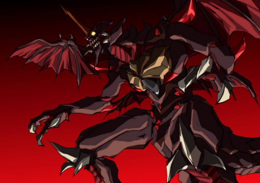 biomechanical, byneet, claws, crossover, destoroyah, dragon, eva_01, fangs, fusion, giant, giant_monster, glowing, glowing_eyes, godzilla_(series), godzilla_vs._destoroyah, highres, horns, kaijuu, large_wings, mecha, mini_wings, monster, neon_genesis_evangelion, no_humans, open_mouth, red_background, scales, sharp_teeth, single_horn, tail, teeth, wings