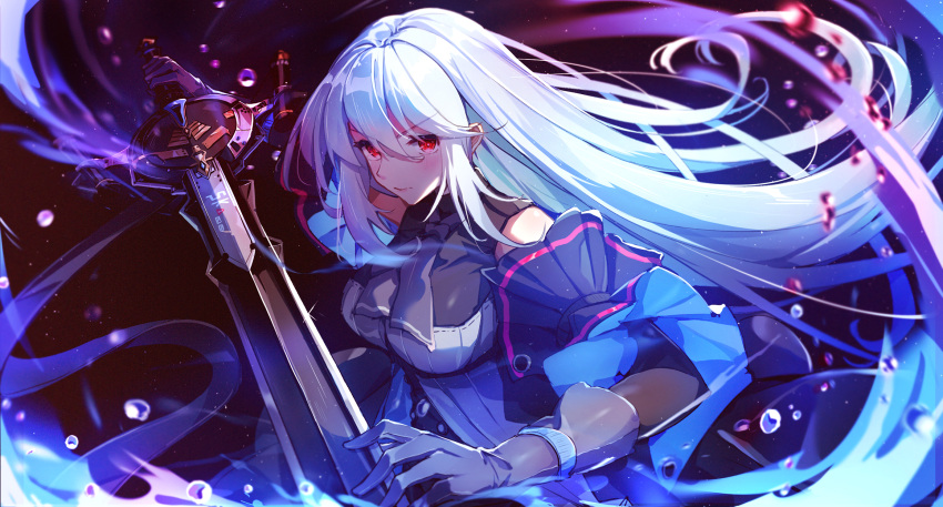 1girl, arknights, bangs, bare_shoulders, black_gloves, black_neckwear, breasts, closed_mouth, detached_sleeves, eyebrows_visible_through_hair, gloves, hair_between_eyes, highres, holding, holding_sword, holding_weapon, large_breasts, long_hair, looking_at_viewer, necktie, red_eyes, serious, shirt, silver_hair, skadi_(arknights), sleeveless, sleeveless_shirt, solo, sword, upper_body, very_long_hair, water_drop, weapon, yorurui_sansan