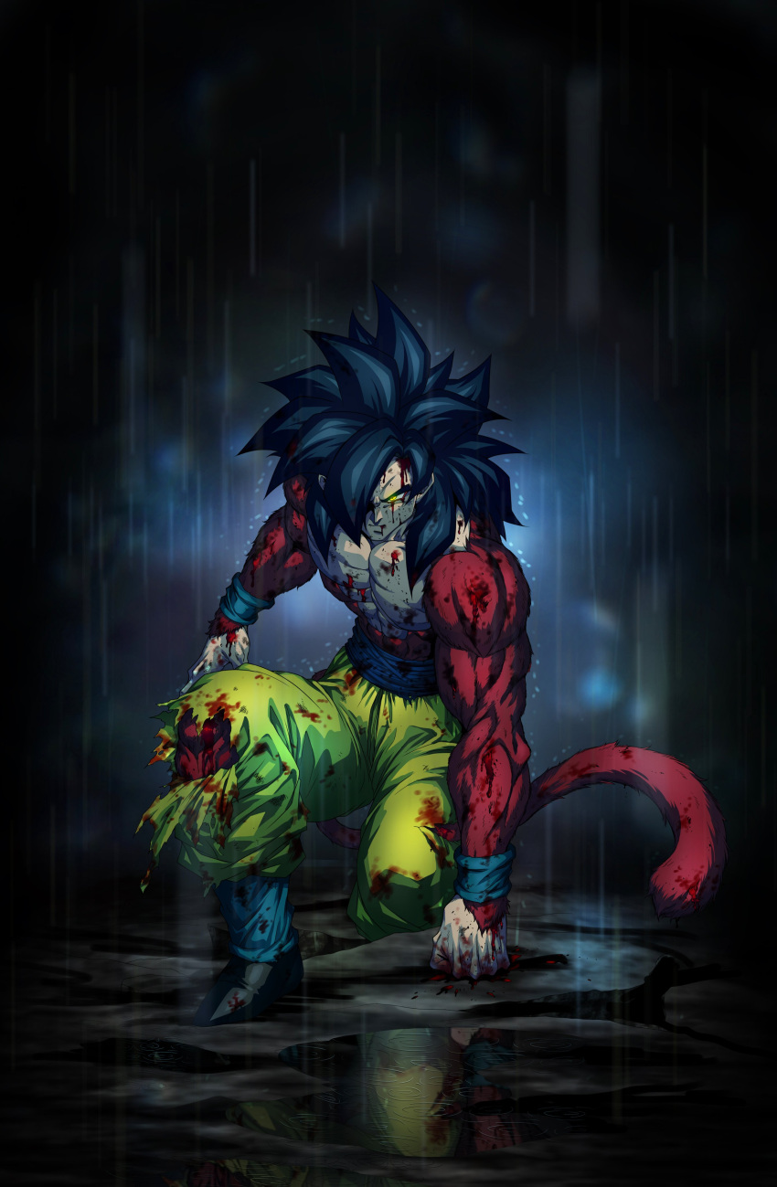 1boy, absurdres, black_footwear, black_hair, bleeding, blood, blood_on_face, bloody_clothes, boyerjorys, dragon_ball, dragon_ball_gt, highres, looking_at_viewer, male_focus, monkey_boy, monkey_tail, muscular, muscular_male, pants, red_fur, son_goku, spiky_hair, super_saiyan, super_saiyan_4, tail, torn_clothes, yellow_eyes, yellow_pants