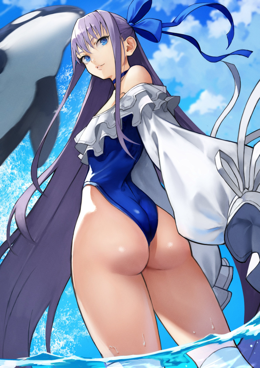 1girl, absurdres, ass, back, bangs, bare_shoulders, blue_eyes, blue_ribbon, blue_sky, breasts, choker, closed_mouth, fate/grand_order, fate_(series), frills, hair_ribbon, highleg, highleg_swimsuit, highres, long_hair, long_sleeves, looking_back, meltryllis_(fate), meltryllis_(swimsuit_lancer)_(fate), off-shoulder_swimsuit, off_shoulder, one-piece_swimsuit, orca, puffy_sleeves, purple_hair, revision, ribbon, sky, sleeves_past_fingers, sleeves_past_wrists, small_breasts, swimsuit, thighs, very_long_hair, white_ribbon, yoshio_(55level)