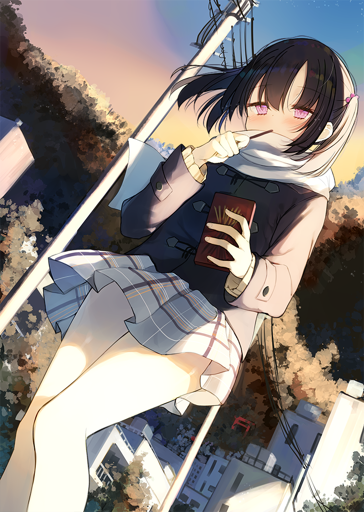 1girl, bangs, bare_legs, black_jacket, blush, brown_hair, building, dutch_angle