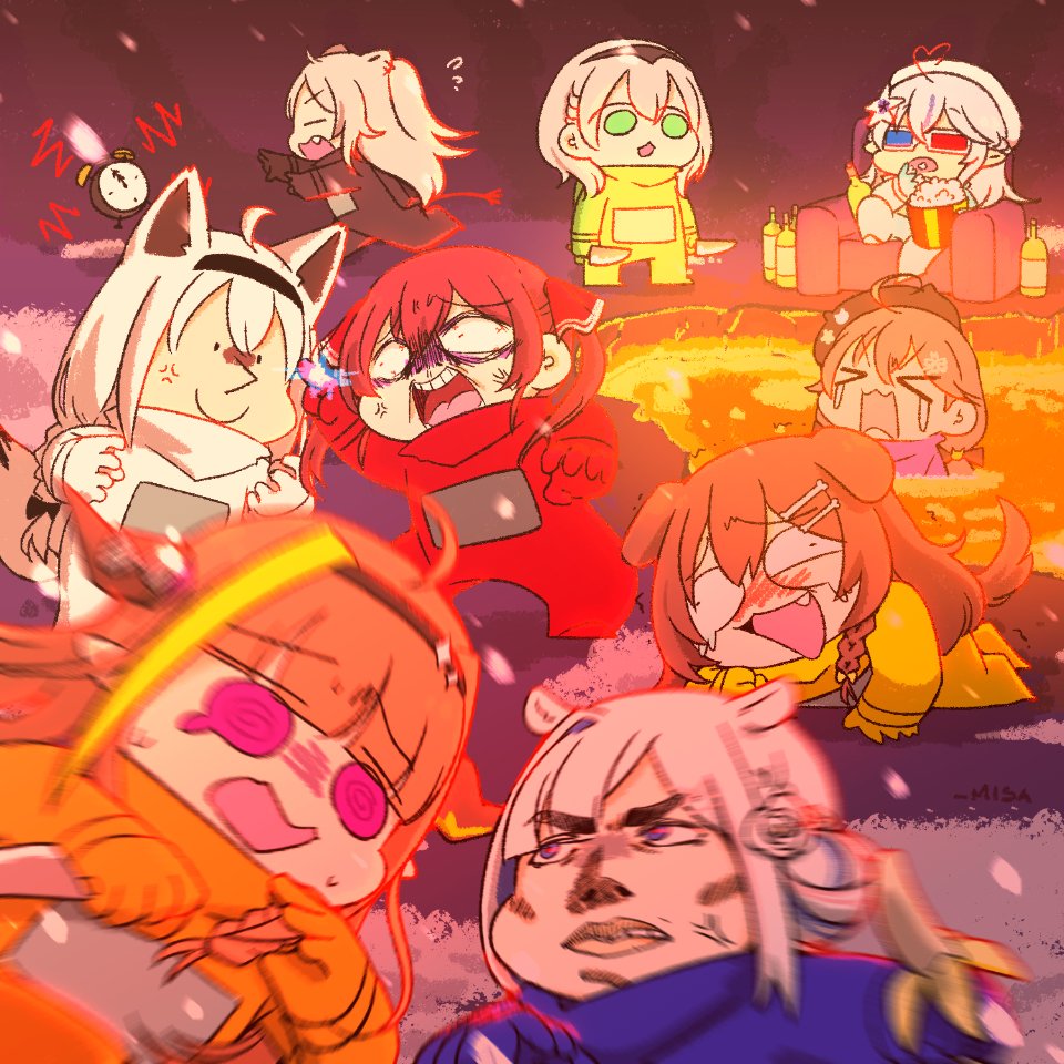 >o<, 3d_glasses, 6+girls, @_@, ahoge, alarm_clock, alcohol, alternate_costume