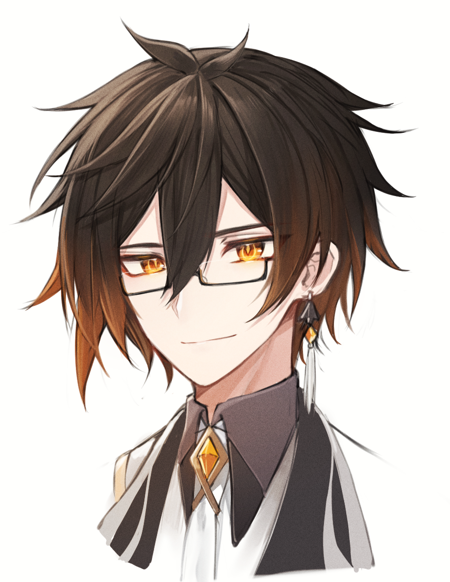 1boy, bangs, black_hair, brown_hair, closed_mouth, collared_shirt, earrings, eyeliner, genshin_impact, glasses, gradient_hair, hair_between_eyes, jewelry, long_hair, looking_at_viewer, makeup, male_focus, multicolored_hair, necktie, ninshi, shirt, simple_background, single_earring, solo, tassel, tassel_earrings, white_background, yellow_eyes, zhongli_(genshin_impact)