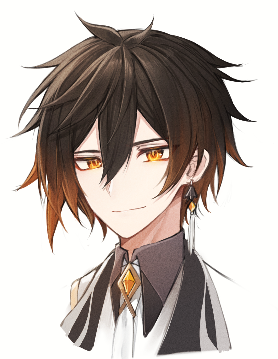1boy, bangs, black_hair, brown_hair, closed_mouth, collared_shirt, earrings, eyeliner