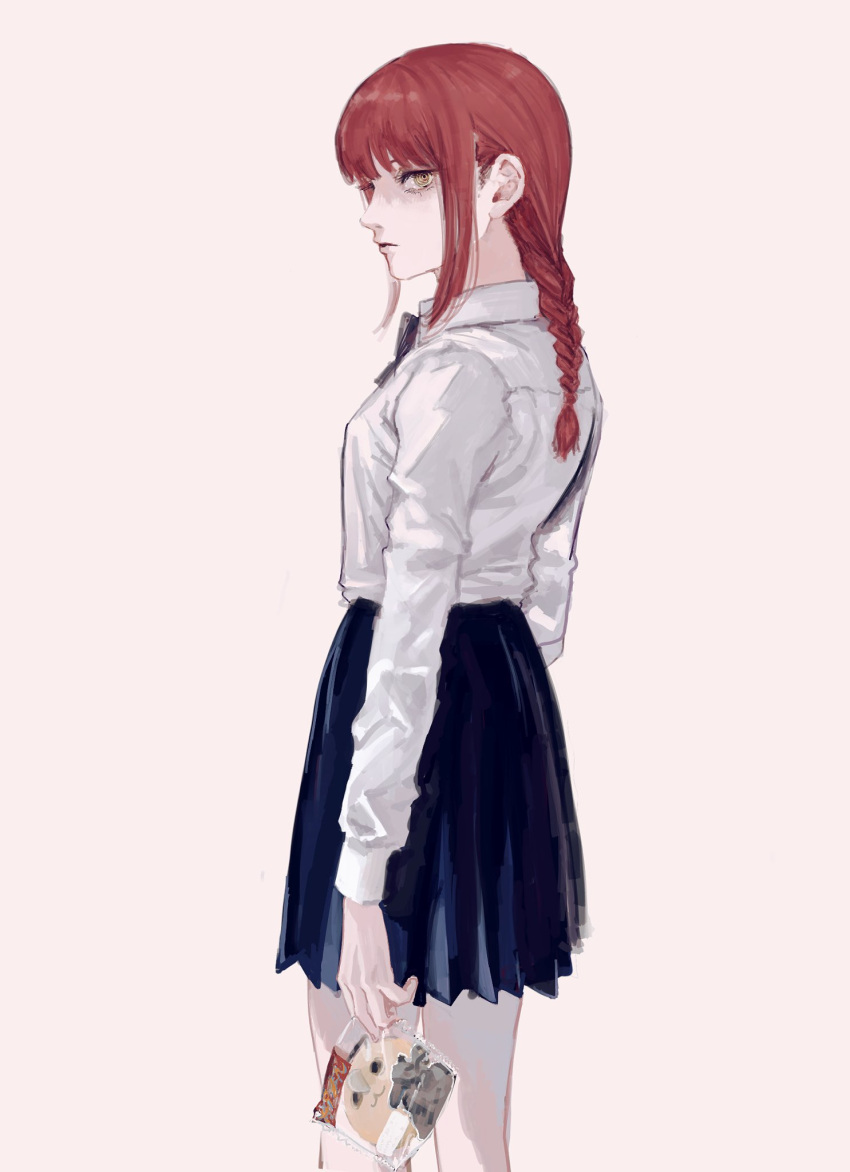 1girl, @_@, bangs, black_skirt, blunt_bangs, braid, braided_ponytail, chainsaw_man