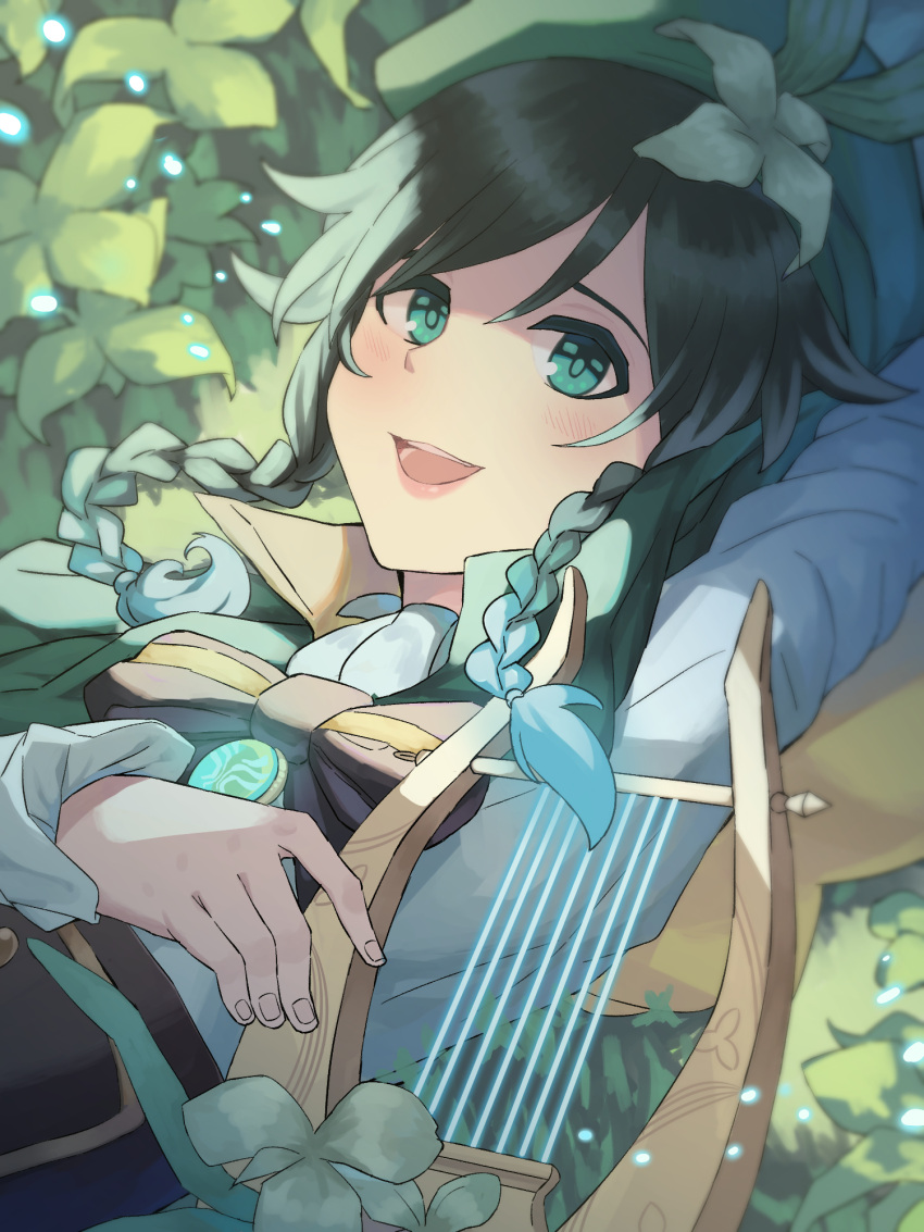 1boy, androgynous, bangs, beret, black_hair, blue_hair, blush, bow, braid, brooch, callu_jy, cape, collared_cape, corset, flower, frilled_sleeves, frills, gem, genshin_impact, gradient_hair, grass, green_eyes, green_headwear, hair_flower, hair_ornament, hat, highres, instrument, jewelry, kaarukun, leaf, light_particles, long_sleeves, looking_at_viewer, lyre, male_focus, multicolored_hair, open_mouth, shirt, short_hair_with_long_locks, smile, solo, twin_braids, venti_(genshin_impact), white_flower, white_shirt