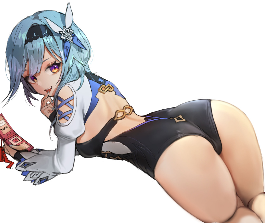 1girl, :p, absurdres, aqua_hair, ass, backless_leotard, cellphone, character_name, eula_(genshin_impact), fingerless_gloves, genshin_impact, gloves, hair_ornament, hairband, highres, holding, holding_phone, kkamangbeleukkamang, leotard, long_sleeves, looking_back, lying, nail_polish, on_stomach, phone, simple_background, smile, solo, thighs, tongue, tongue_out, violet_eyes, white_background