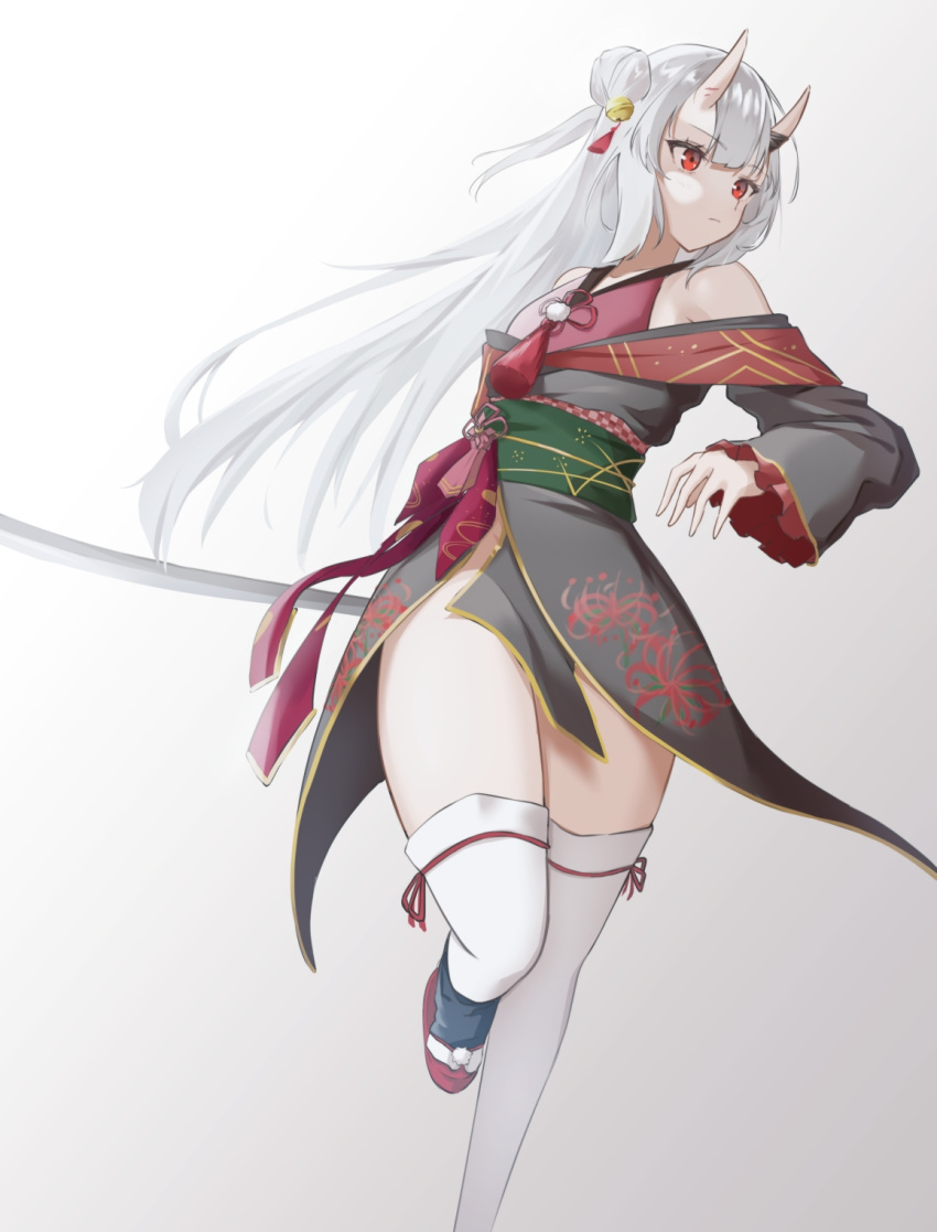 1girl, bangs, bare_shoulders, bell, black_kimono, closed_mouth, commentary_request, eyebrows_visible_through_hair