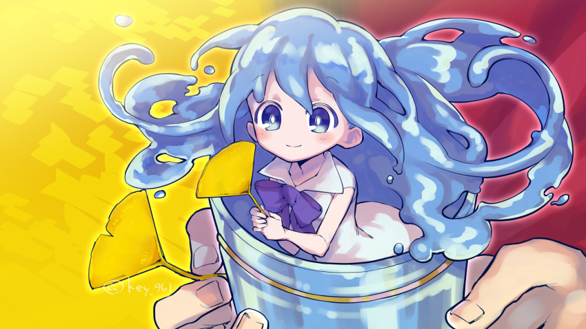 1boy, 1girl, autumn_leaves, blue_bow, blue_eyes, blue_neckwear, blue_slime, blush