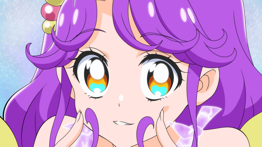 1girl, aqua_eyes, blue_background, brown_eyes, cheek_poking, close-up, cure_coral, damascus_(dearigazu2001)