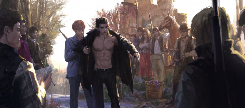 6+boys, abs, basket, belt, black_hair, blue_eyes, brown_hair, collared_shirt