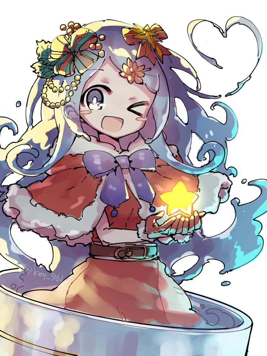 >_o, 1girl, :d, belt, blue_bow, blue_eyes, blue_hair, blue_slime