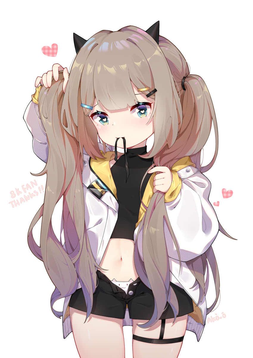 1girl, absurdres, adjusting_hair, akovo, black_shirt, black_short, blue_eyes, brown_hair, hair_ornament, hairclip, heart, heart-shaped_pupils, highres, horns, jacket, loli, long_hair, mouth_hold, navel, open_clothes, open_shorts, original, panties, shirt, short_shorts, shorts, simple_background, smile, solo, twintails, unbuttoned, underwear, very_long_hair, white_background, white_jacket, white_panties