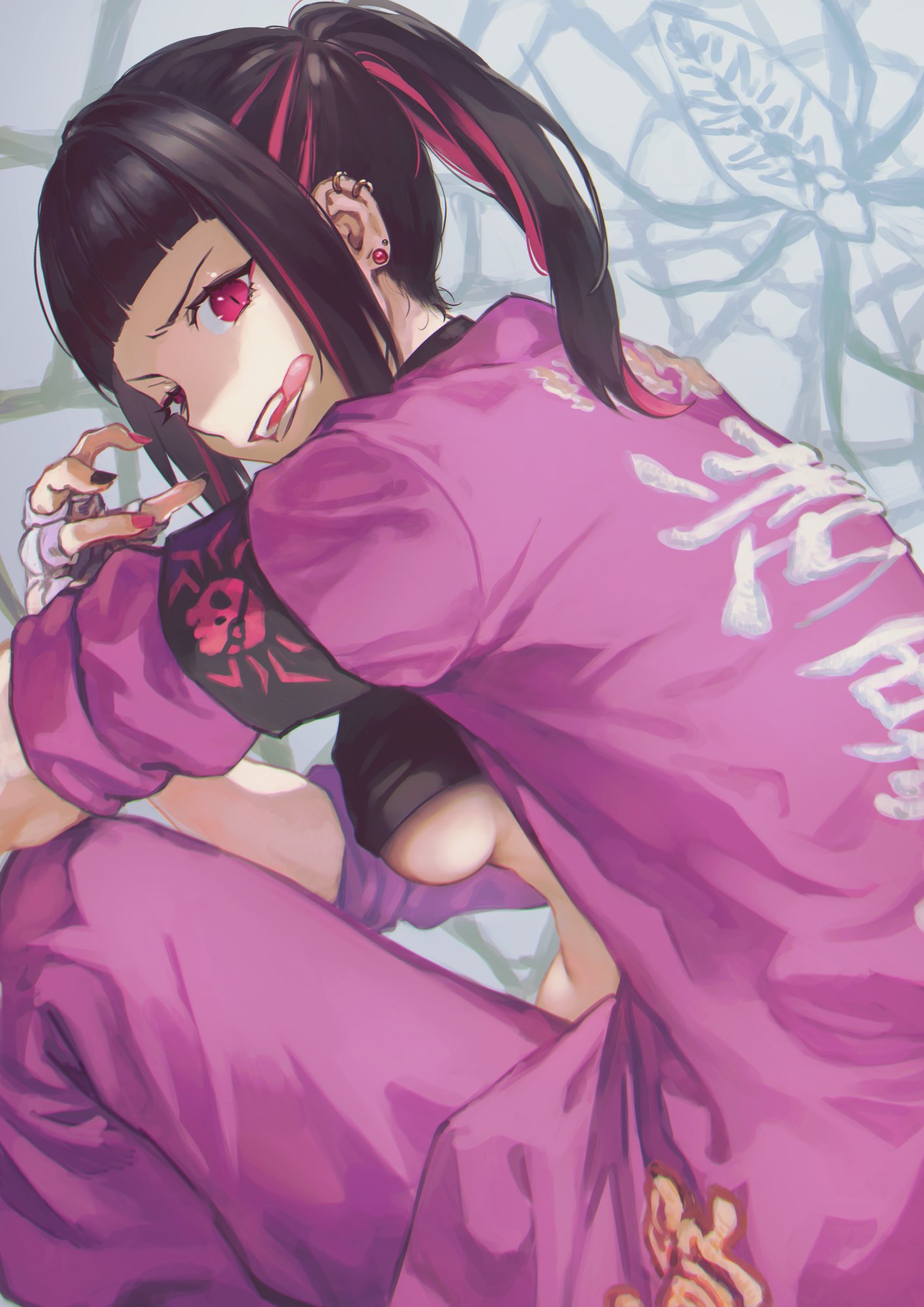 1girl, alternate_costume, alternate_hairstyle, armband, baggy_pants, bangs, black_choker, black_hair, blunt_bangs, breasts, bug, choker, earrings, fingerless_gloves, fingernails, gloves, han_juri, highres, jacket, japanese_clothes, jewelry, kanji, looking_at_viewer, medium_breasts, medium_hair, midriff, multicolored_hair, nail_polish, open_mouth, otsudou, pants, parted_lips, ponytail, purple_jacket, short_sleeves, sideboob, silk, sitting, spider, spider_web, stomach, strapless, streaked_hair, street_fighter, street_fighter_v, tongue, tongue_out, tubetop, under_boob, violet_eyes, white_background, white_gloves
