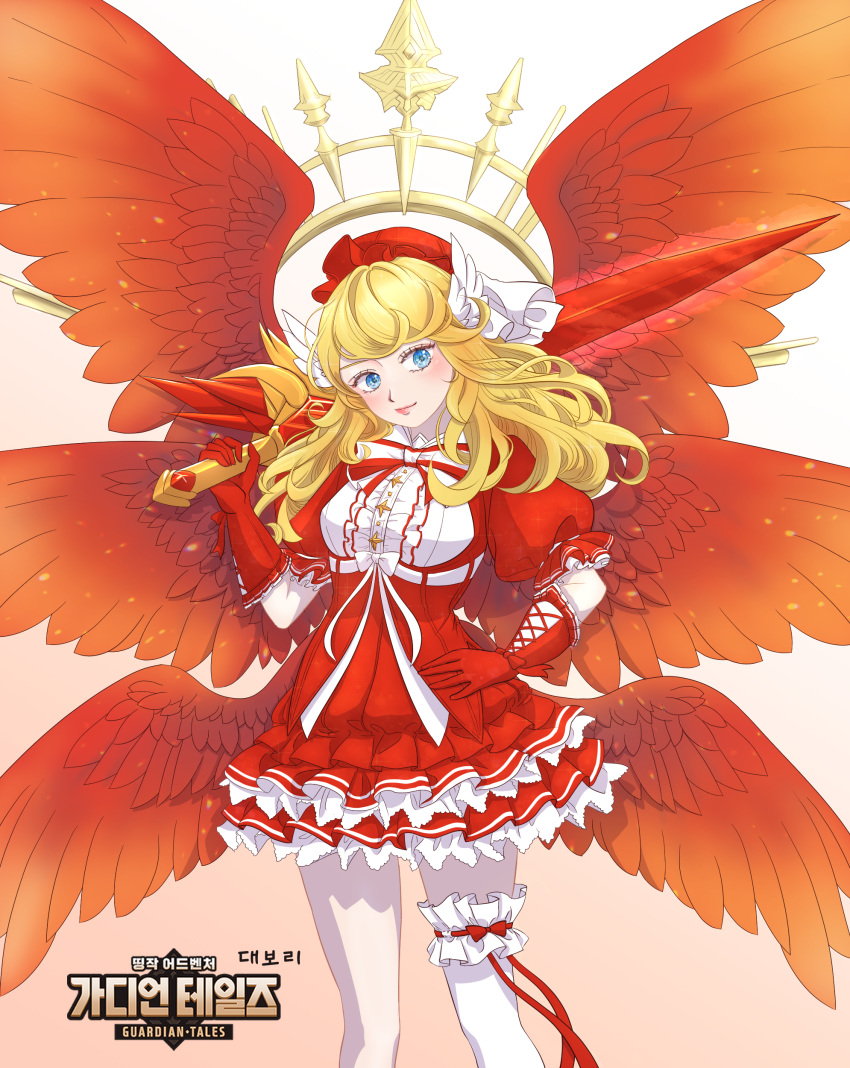 1girl, absurdres, balle, blade, blonde_hair, blue_eyes, closed_mouth, dress, feet_out_of_frame, goddess_of_war_plitvice, guardian_tales, highres, long_hair, looking_at_viewer, multiple_wings, red_dress, red_wings, smile, solo, sword, weapon, wings