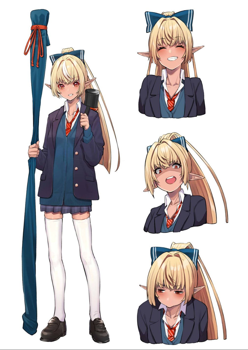 1girl, black_footwear, blazer, blonde_hair, bow, closed_eyes, dark_elf, dark_skin