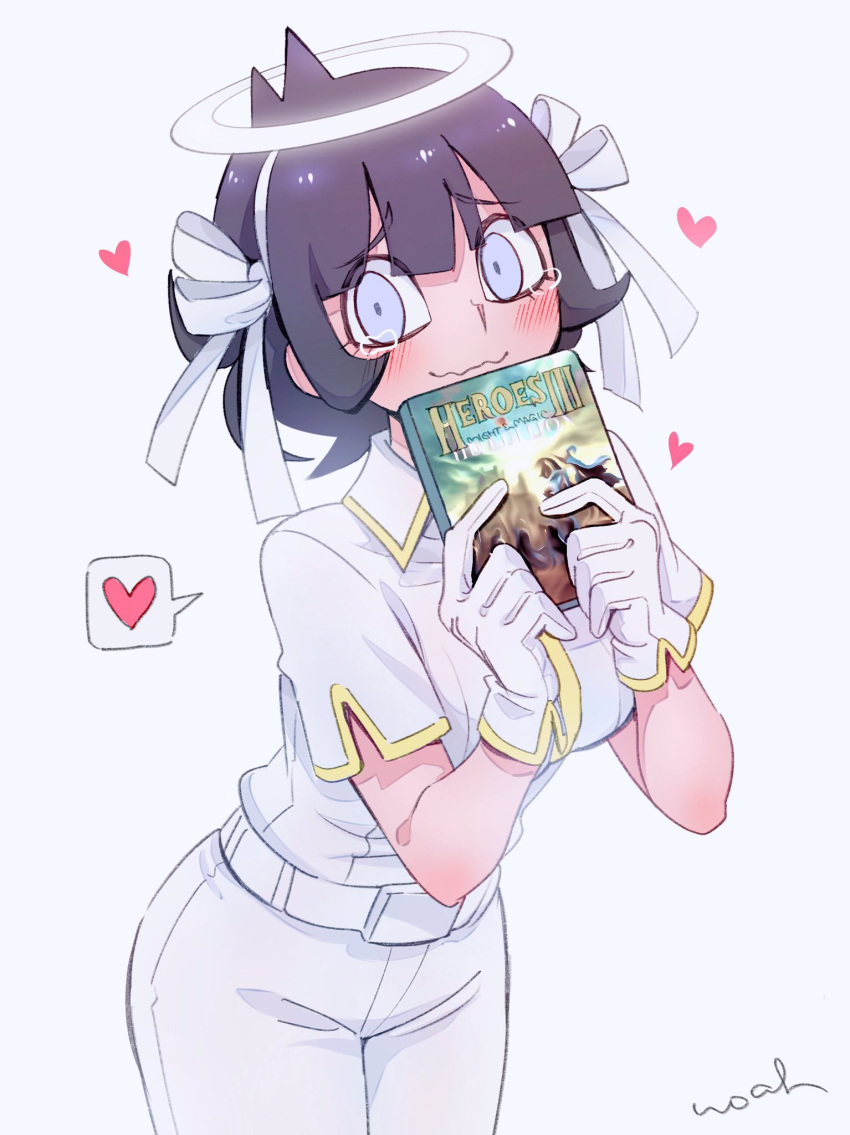 1girl, azazel_(helltaker), bangs, belt, black_hair, blush, breasts, commentary