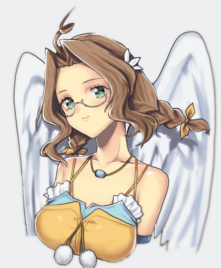 1girl, angel_wings, breasts, brown_hair, closed_mouth, glasses, green_eyes, jewelry, long_hair, looking_at_viewer, murata_tefu, necklace, ribbon, ribbons, sarah_jerand, simple_background, smile, solo, star_ocean, star_ocean_the_last_hope, twintails, white_background, wings, yellow_ribbon