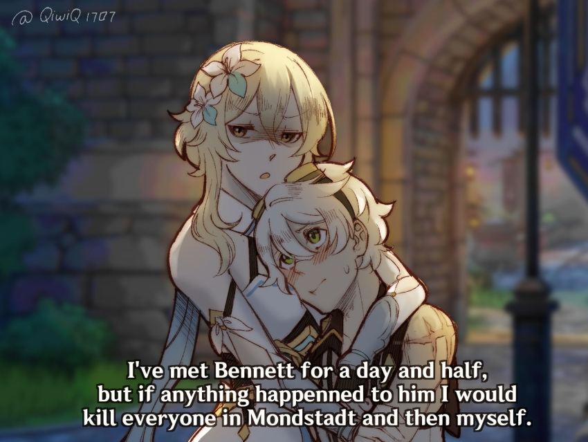 1boy, 1girl, bare_shoulders, bennett_(genshin_impact), blonde_hair, blurry, blurry_background, blush, brooklyn_nine-nine, detached_sleeves, english_text, flower, genshin_impact, green_eyes, hair_flower, hair_ornament, hug, i've_only_had_arlo_for_a_day_and_a_half, looking_up, lumine_(genshin_impact), meme, open_mouth, qiwiq, short_hair, short_hair_with_long_locks, subtitled, sweatdrop, upper_body, white_hair, yellow_eyes