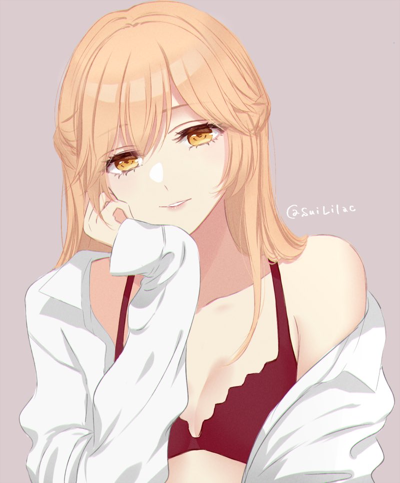 1girl, artist_name, blonde_hair, bra, bra_strap, breasts, eyebrows_visible_through_hair, girls_frontline, hand_on_head, lips, long_hair, looking_at_viewer, open_clothes, open_shirt, ots-14_(girls_frontline), red_bra, shirt, simple_background, smile, solo_focus, sui_(camellia), underwear, white_shirt, yellow_eyes