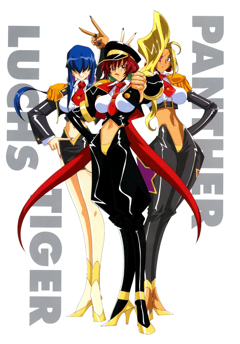 1990s_(style), 3girls, arm_up, bangs, blue_eyes, breasts, character_name, cropped_jacket