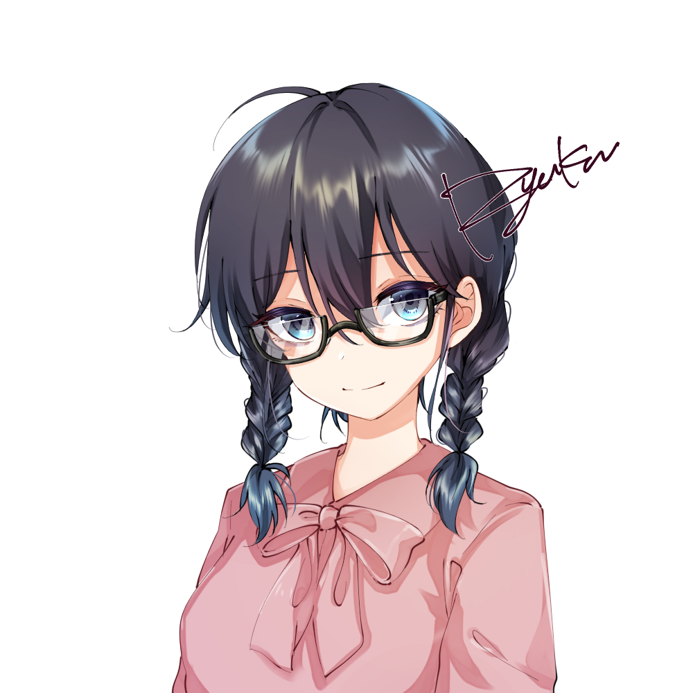 1girl, artist_name, bags_under_eyes, bangs, black-framed_eyewear, black_hair, blue_eyes, bow