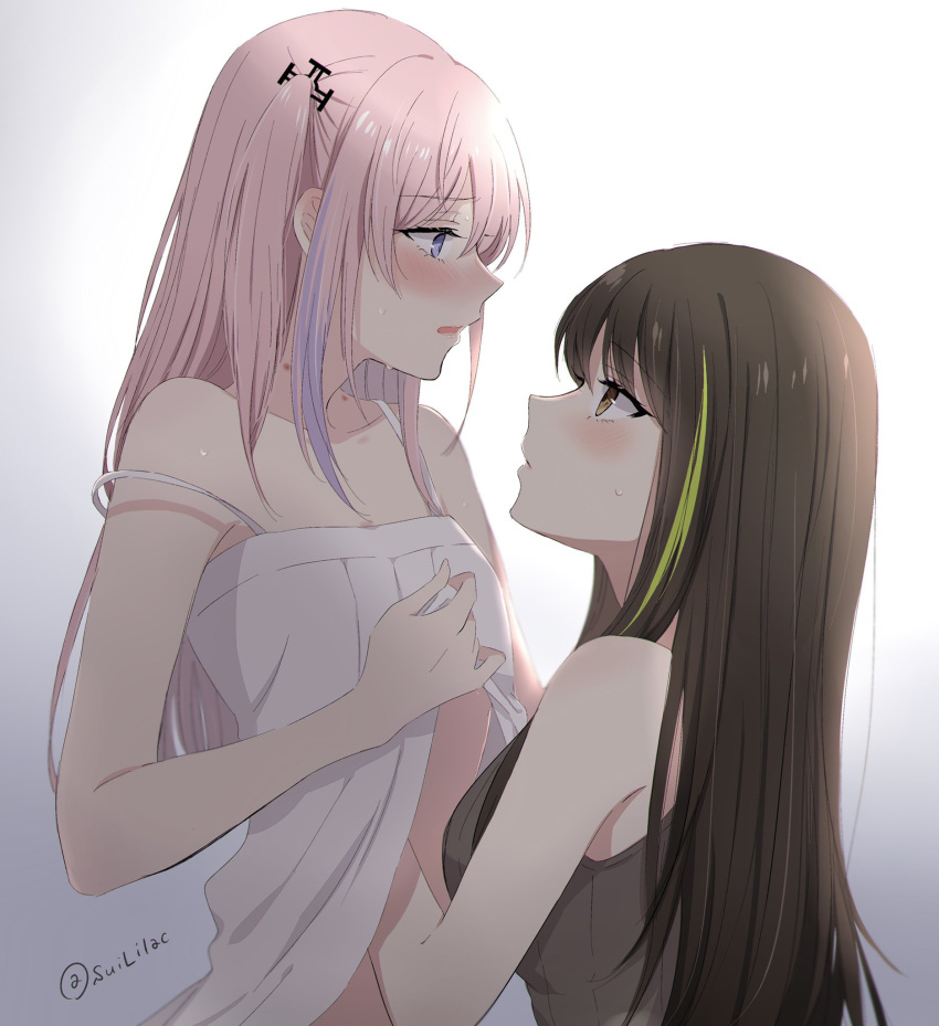 2girls, artist_name, bangs, bare_shoulders, blue_eyes, blush, breast_hold, breasts