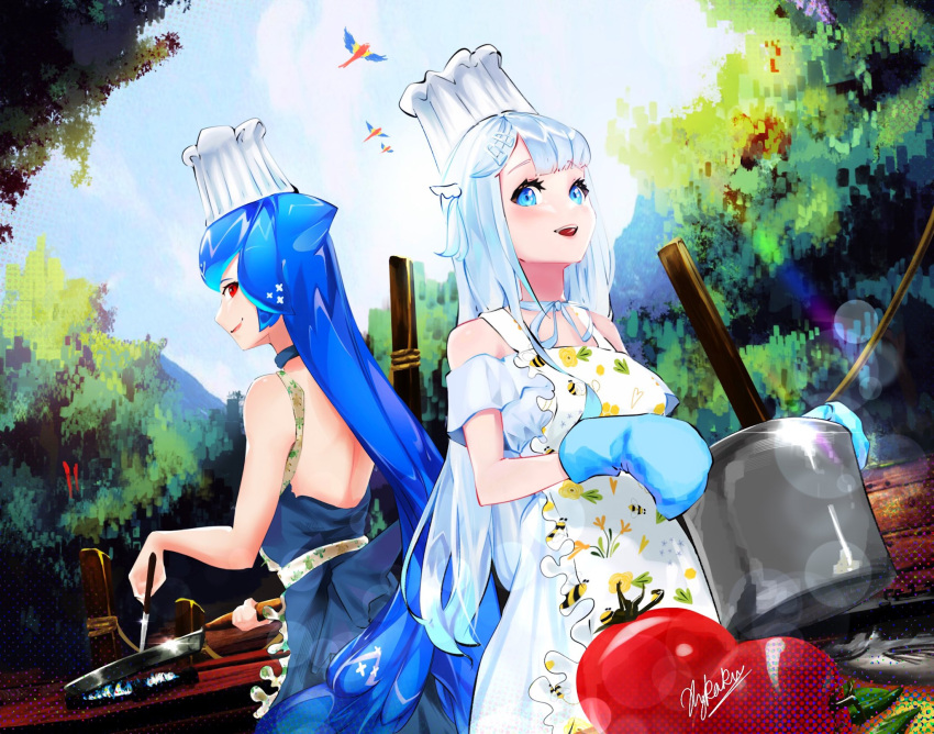 2girls, adapted_costume, alternate_costume, amatsuka_uto, apron, back-to-back, backless_dress, backless_outfit, bangs, bao_(vtuber), blue_dress, blue_eyes, blue_hair, blush, chef_hat, cooking, dress, english_commentary, eyebrows_visible_through_hair, hat, highres, holding, holding_knife, indie_virtual_youtuber, knife, liquid_hair, long_hair, looking_at_viewer, looking_down, multiple_girls, open_mouth, overcooked, pot, red_eyes, silver_hair, smile, tomato, tree, very_long_hair, white_dress, xykaku