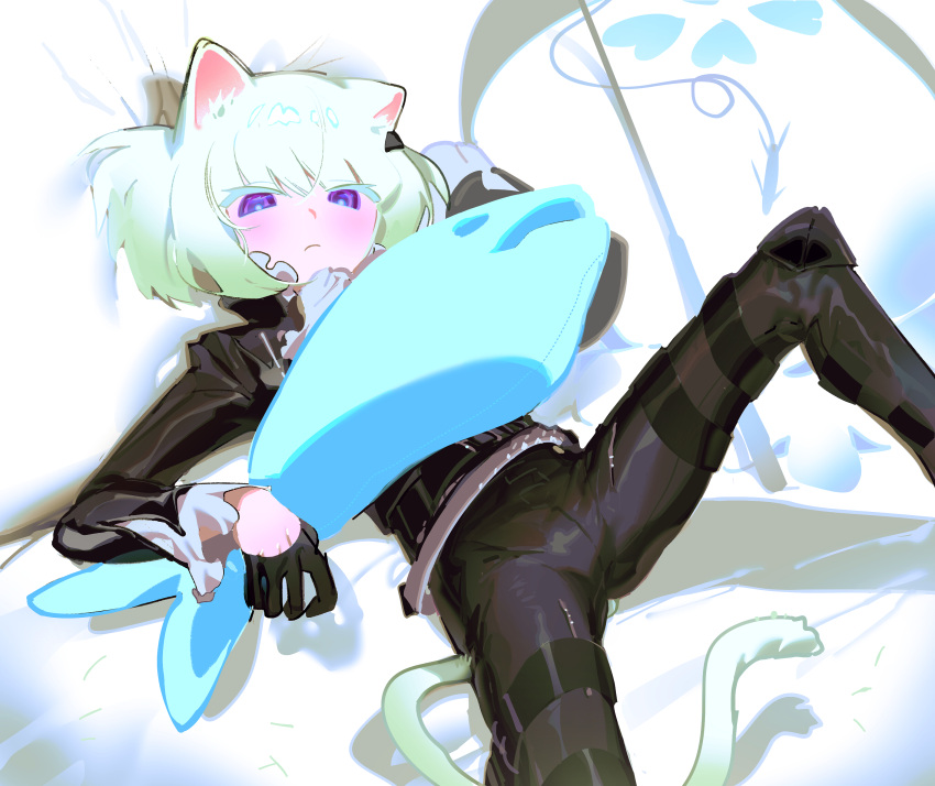 1boy, absurdres, androgynous, animal_ears, biker_clothes, blush, bulge, cat_boy, cat_ears, cat_tail, cravat, earrings, frilled_sleeves, frills, frown, gloves, green_hair, half_gloves, highres, jewelry, km_(ksolee1201), lio_fotia, long_sleeves, lying, on_back, pillow, promare, short_hair, simple_background, spread_legs, stuffed_animal, stuffed_fish, stuffed_toy, tail, violet_eyes