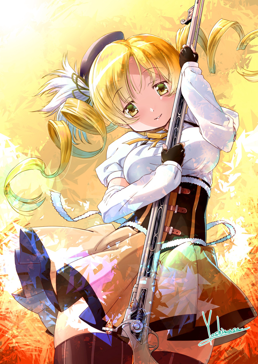 1girl, absurdres, artist_name, beret, black_legwear, blonde_hair, breasts, corset