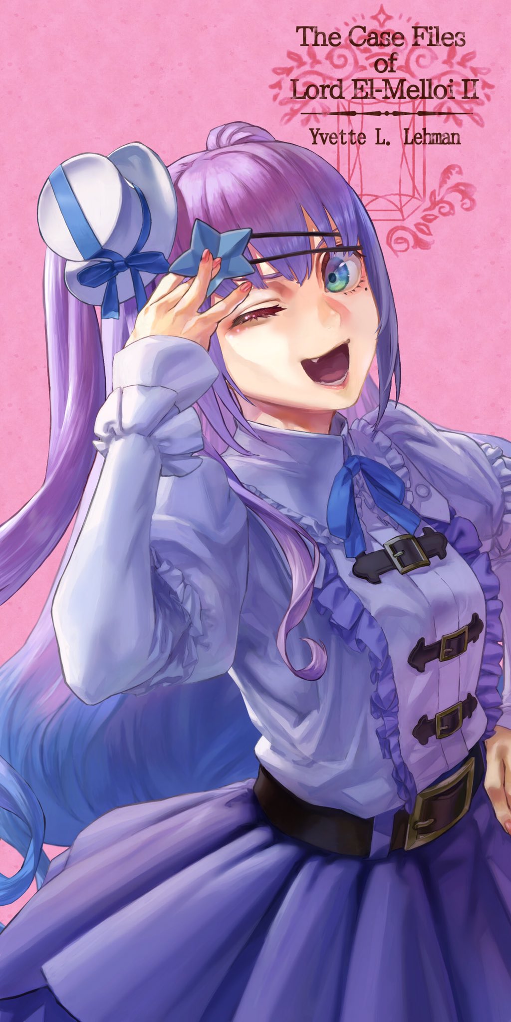 1girl, bangs, belt, blue_ribbon, character_name, commentary_request, copyright_name, eyepatch
