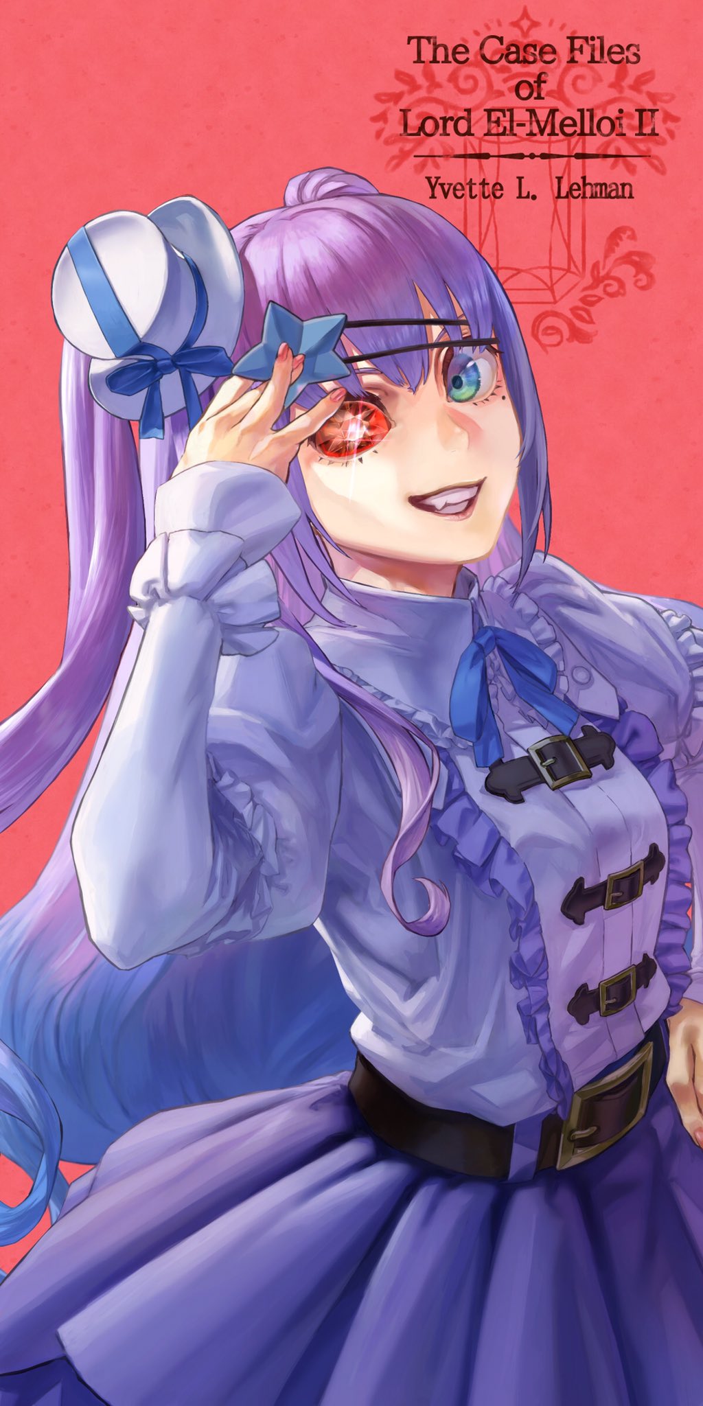 1girl, artificial_eye, bangs, belt, blue_ribbon, character_name, commentary_request, copyright_name